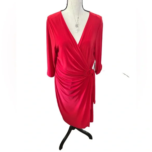Lemmi for Nina Leonard NWT RED Poly/Spandex Size Lrg Wrap Dress Gold Bel… - Picture 5 of 12